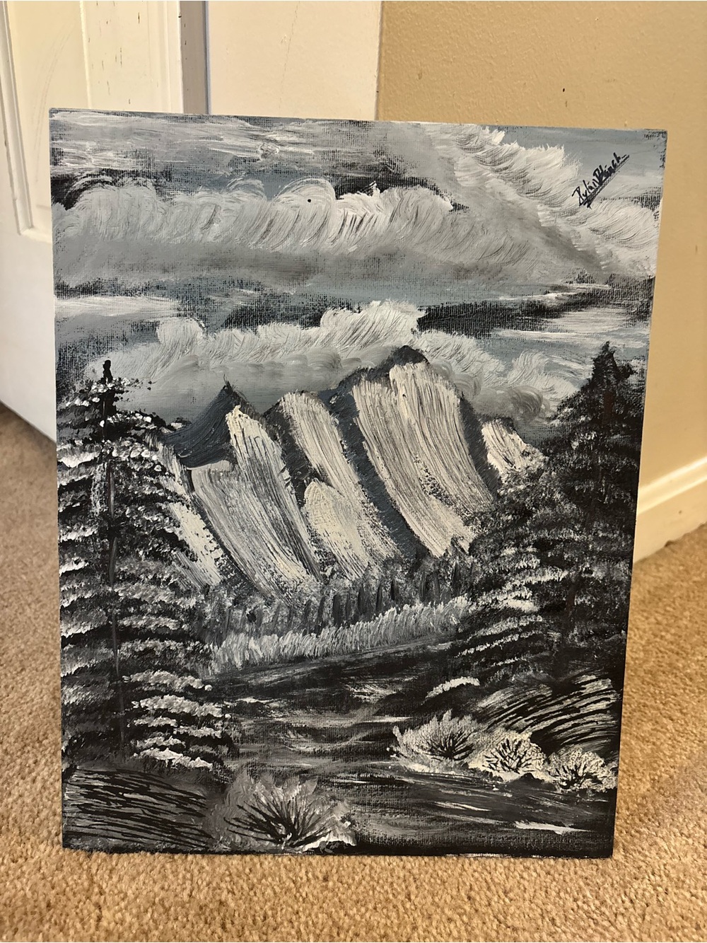 Hand-Painted Monochrome Mountain Landscape Canvas Art - Black & White